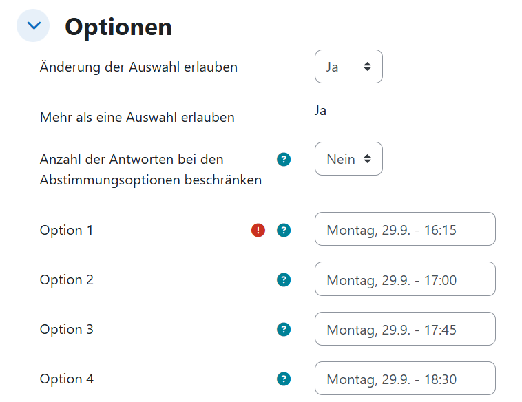 Einstellungen beim Abstimmungswerkzeug