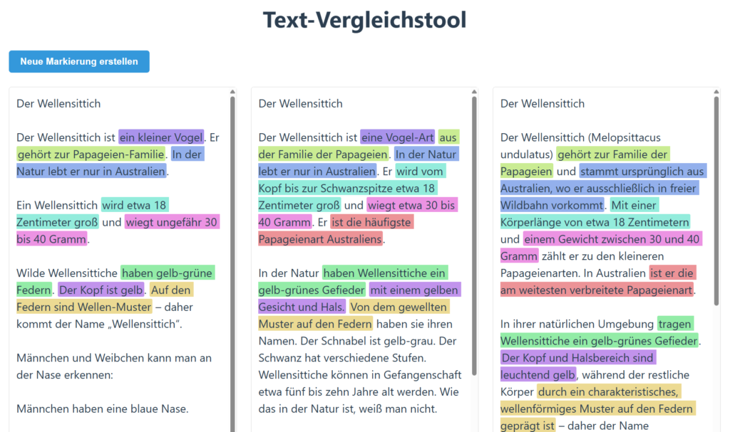 Drei Texte werden nebeneinander dargestellt und entsprechende Stellen sind farblich markiert worden.