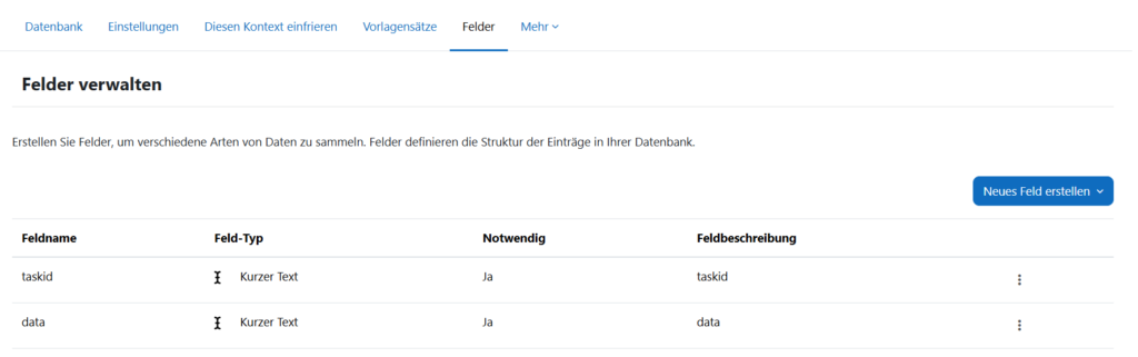 Definition der Felder für die Datenbank zur Speicherung von Antworten.