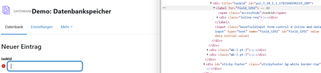 Die Entwickleransicht im Browser erlaubt das Auslesen der Feldnummer.
