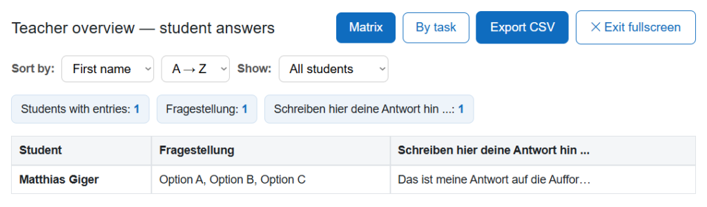Ansicht für Lehrperson auf die Schülerdaten.