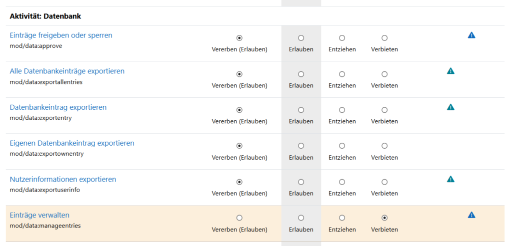 Anpassen der Rechte für die Lehrperson in der Datenbankaktivität.