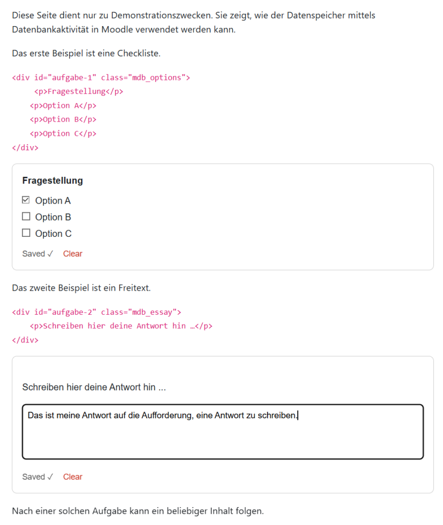 Beispiel für die Verwendung des Datenbankspeichers auf einer Seite in Moodle.