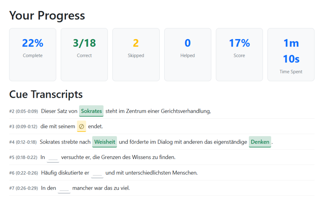 Einzelergebnis eines Lernenden mit entsprechender Statistik