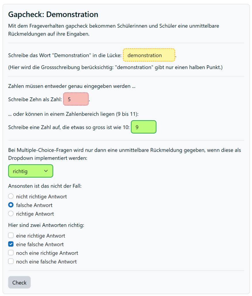 Beispiel einer Testfrage bei Verwendung von "Gap check". Die Lücken werden visuell unterschiedlich dargestellt.